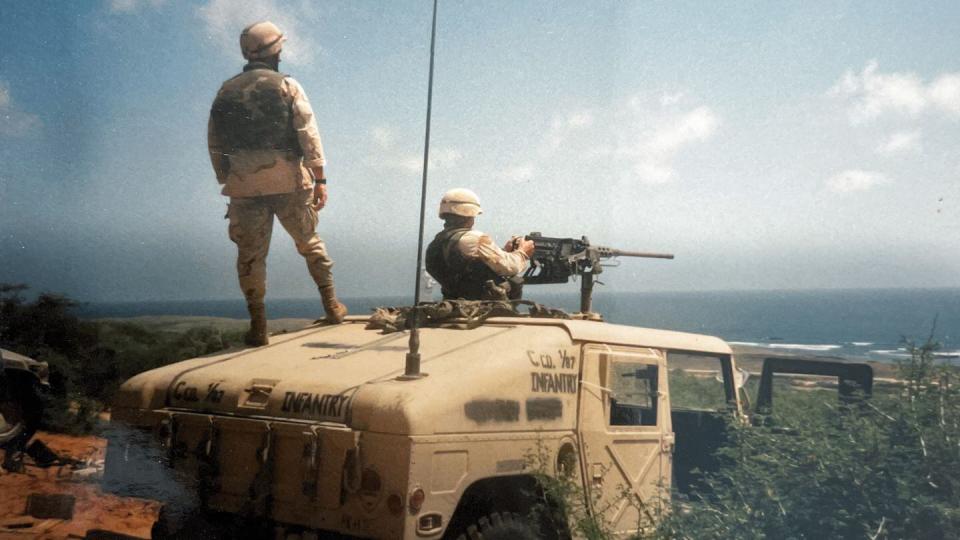 Members of 3rd Platoon conducting weapons practice fires while on deployment to Mogadishu, Somalia in 1993. (Photo courtesy of Bryan Puckett)