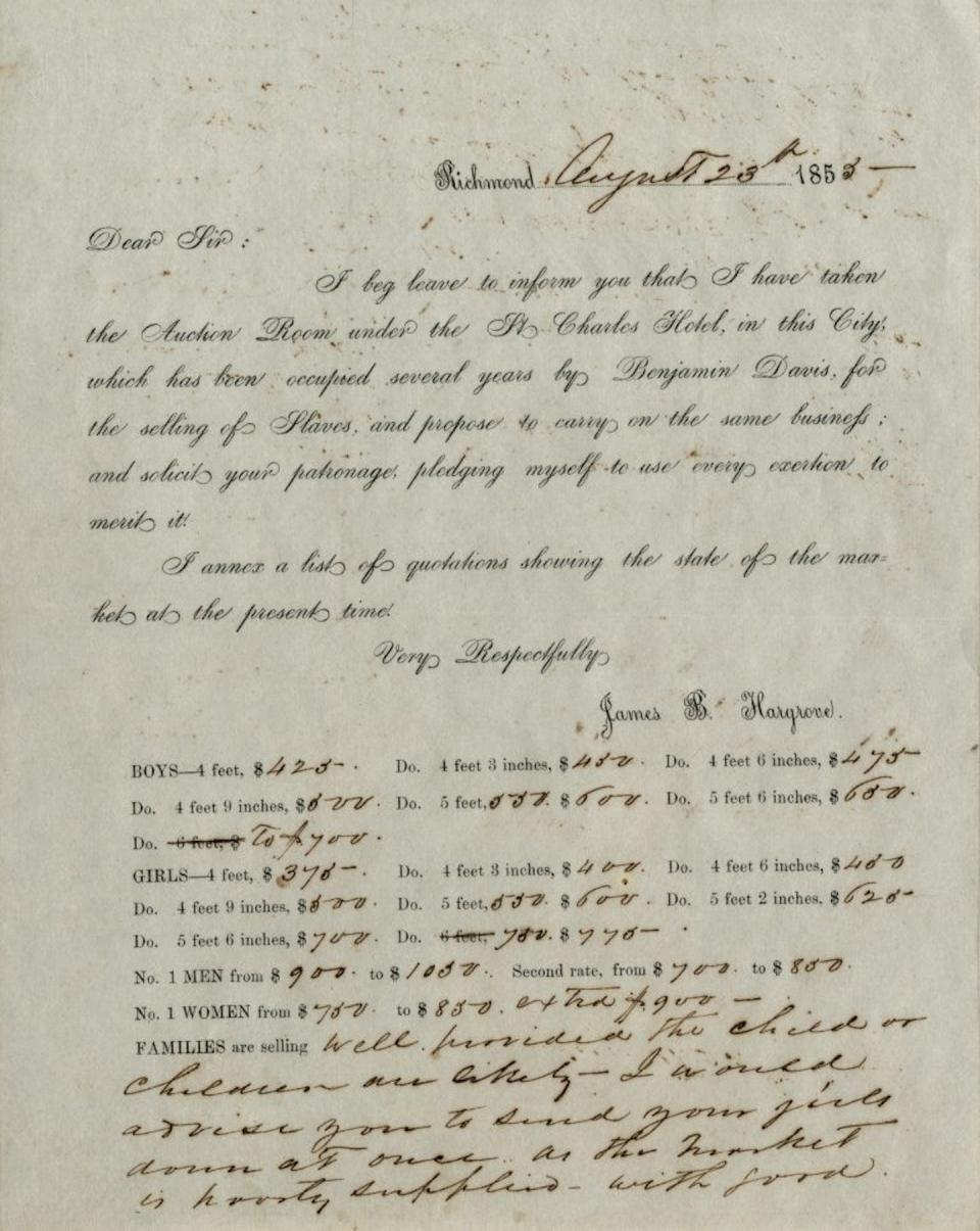 An 1852 letter from James B. Hargrove quotes the market prices for enslaved men, women and children. <a href="https://encyclopediavirginia.org/12137hpr-ceedfabb1958e9a/" rel="nofollow noopener" target="_blank" data-ylk="slk:Library of Virginia;elm:context_link;itc:0;sec:content-canvas" class="link ">Library of Virginia</a>