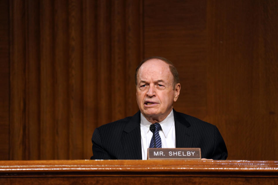 Sen. Richard Shelby, R-Ala., speaks during the Senate's Committee on Banking, Housing, and Urban Affairs hearing examining the quarterly CARES Act report to Congress on Capitol Hill, Wednesday, Sept. 24, 2020, in Washington. (Toni L. Sandys/The Washington Post via AP, Pool)