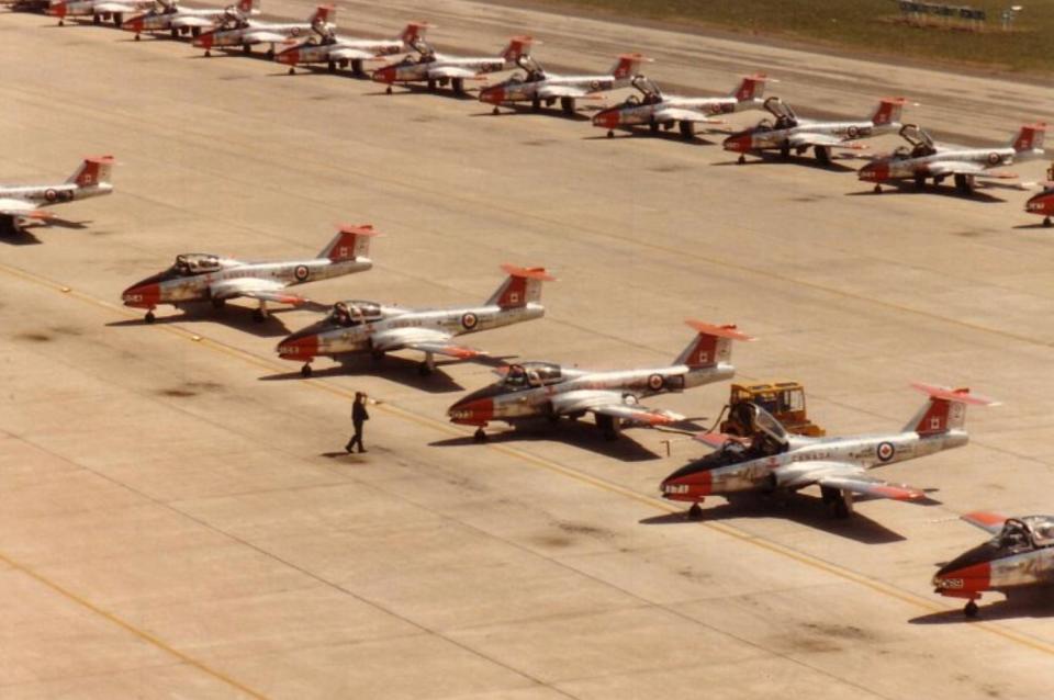 The busy flight line in Moose Jaw, during its heyday in the 1980s. Typically, there would be up to 90 aircraft parked in two long rows.