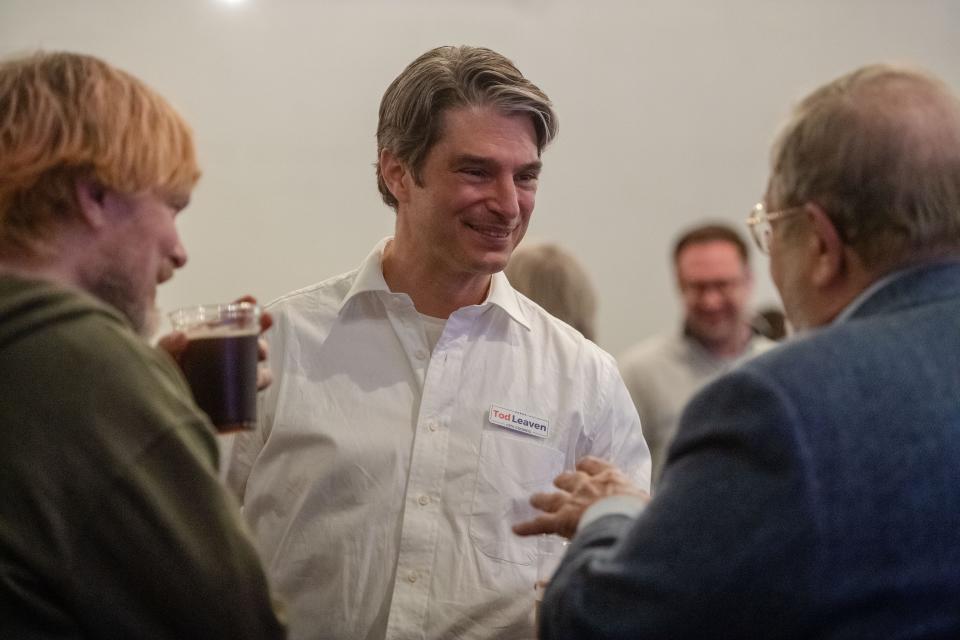 Tod Leaven speaks to attendees of the Democratic election results party in Asheville, March 5, 2024.