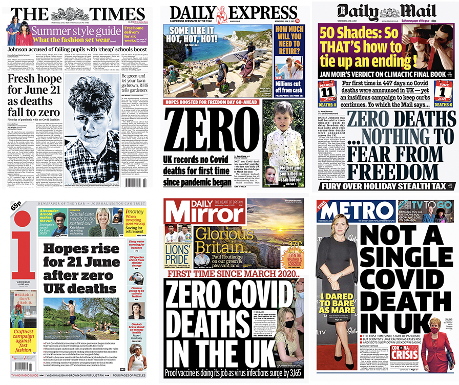 'Zero': UK national newspaper front pages on Wednesday.