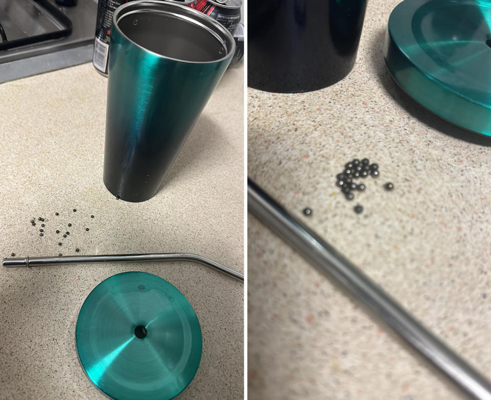 L: A blue kmart tumbler with some balls on the bench. R: close up of some metal balls next to a metal straw and tumbler lid