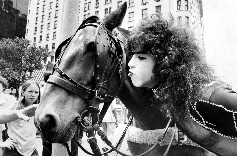 Stanley befriends a carriage horse near Central Park in New York City.  (Photo by Richard Corkery/NY Daily News Archive via Getty Images)