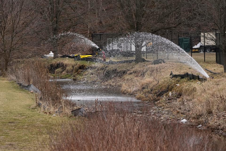 Work continued Feb. 20 to clean up the waterways of East Palestine Park following the Feb. 3 Norfolk Southern train derailment.