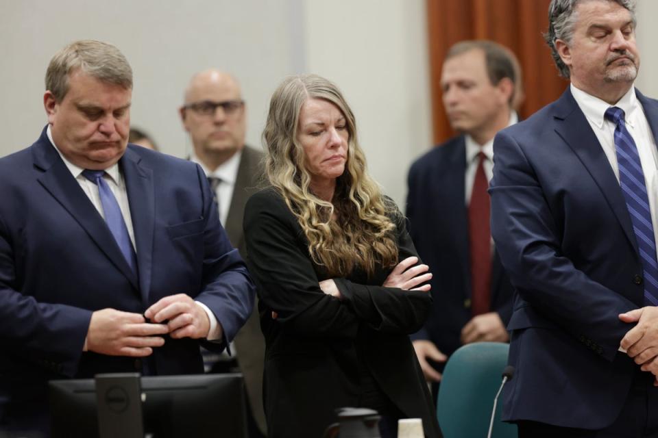 Lori Vallow reacts in the Ada County Courthouse in Boise, Idaho, on 12 May 2023, when the jury delievered a guilty verdict (AP)