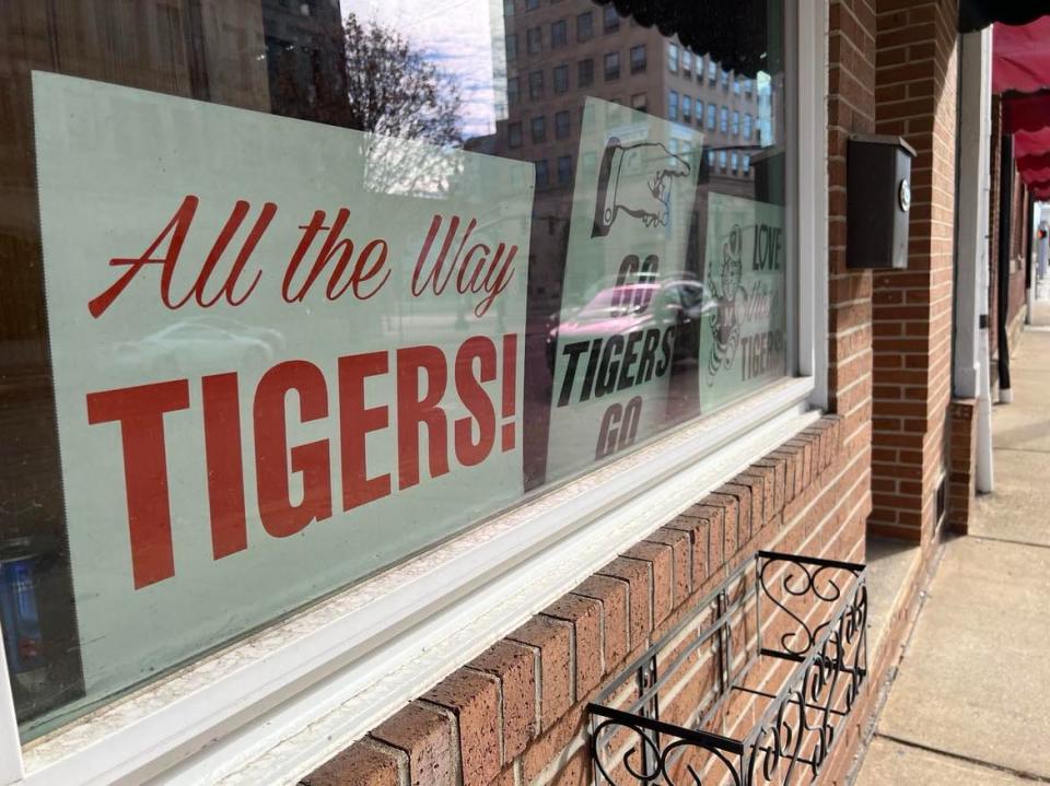 Support for the Massillon Tigers high school football team is displayed in the window of a business in downtown Massillon. The Tigers have advanced to the state championship game.