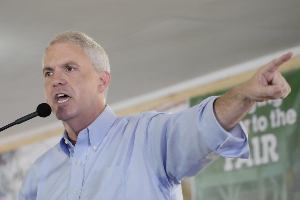 Democrat Brandon Presley, a candidate for governor in November, addresses the crowd at the Neshoba County Fair in Philadelphia, Miss., Thursday, July 27, 2023. Presley is currently one of three public service commissioners. (AP Photo/Rogelio V. Solis)