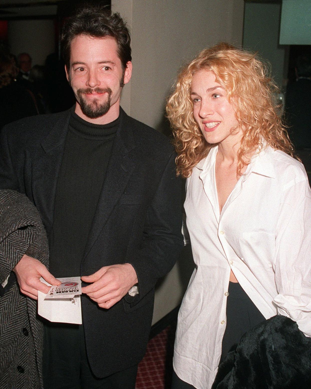 FILE--Actors Matthew Broderick and Sarah Jessica Parker, shown in this March 3, 1994 file photo, were married in Manhattan Monday, May 19, 1997, according to a Los Angeles public relations firm.  Broderick, who is starring in a remake of ``Godzilla'' being filmed in New York City, had recently scoffed at rumors that he was planning to wed. (AP Photo/Malcolm Clarke, File)