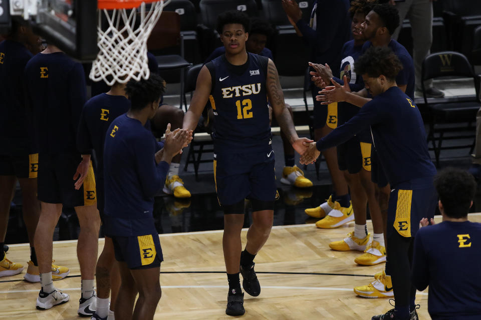 SPARTANBURG, SC - FEBRUARY 01: Damari Monsanto (12) forward of ETSU during a college basketball game between the East Tennessee State Buccaneers and the Wofford Terriers on February 1, 2021, at Jerry Richardson Indoor Stadium in Spartanburg, S.C. (Photo by John Byrum/Icon Sportswire via Getty Images)