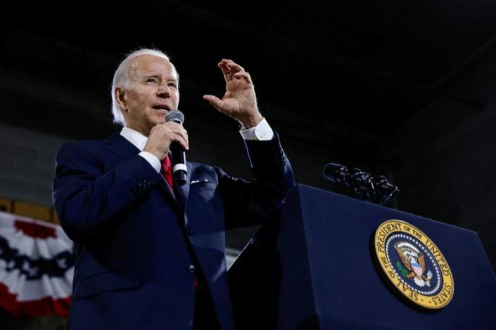 FILE PHOTO: U.S. President Joe Biden delivers an economic speech at SteamFitters UA Local 602 in Springfield