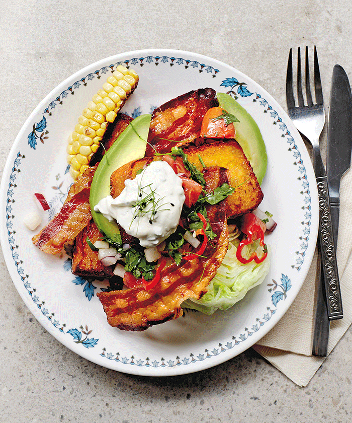 Sweetcorn french toast with panchetta and avocado