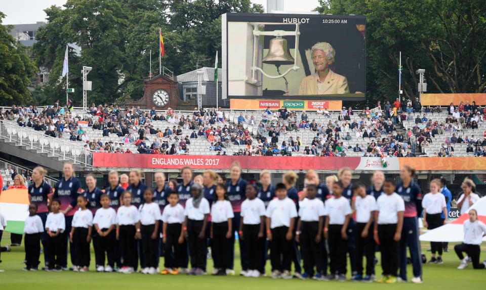 LONDON, ENGLAND - JULY 23:  Ex Test cricketer Eileen Ash appears on the big screen ringing the 5 minute bell before the ICC Women's World Cup 2017 Final between England and India at Lord's Cricket Ground on July 23, 2017 in London, England.  (Photo by Stu Forster/Getty Images)