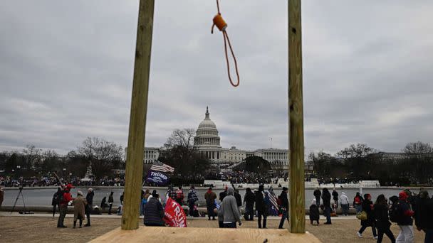 PHOTO: A noose is seen near the U.S. Capitol as supporters of President Donald Trump gather on the west side of the building in Washington, D.C., Jan. 6, 2021. (Andrew Caballero-Reynolds/AFP via Getty Images, FILE)