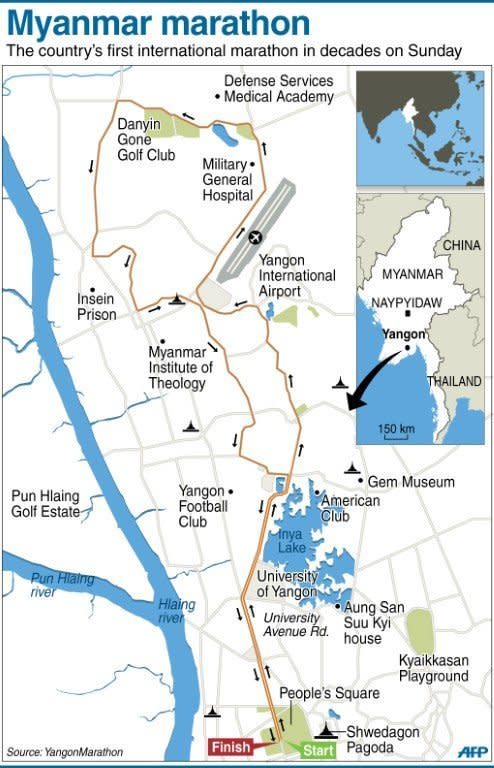 Graphic showing the route of the Yangon marathon, Myanmar's first international marathon in decades