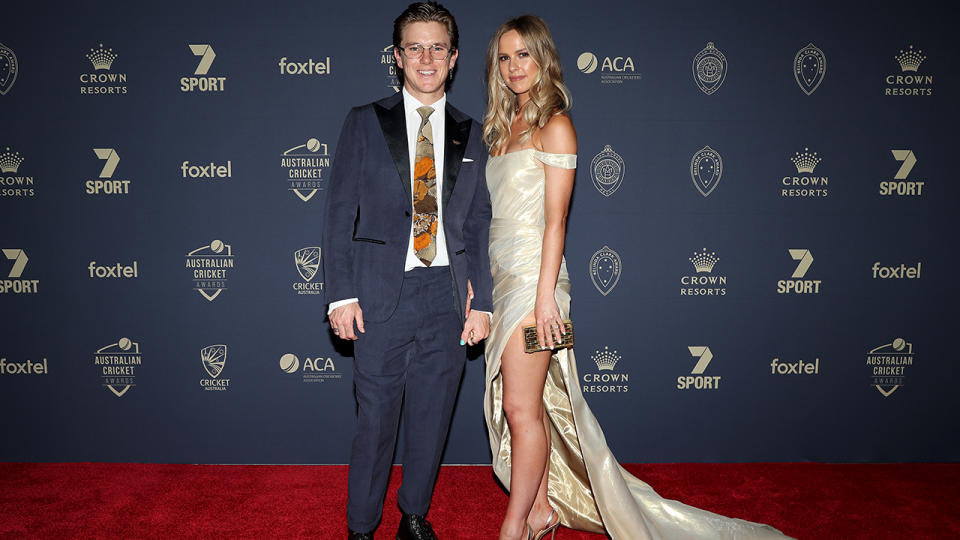 Adam Zampa and fiance Harriet Palmer. (Photo by Graham Denholm/Getty Images)