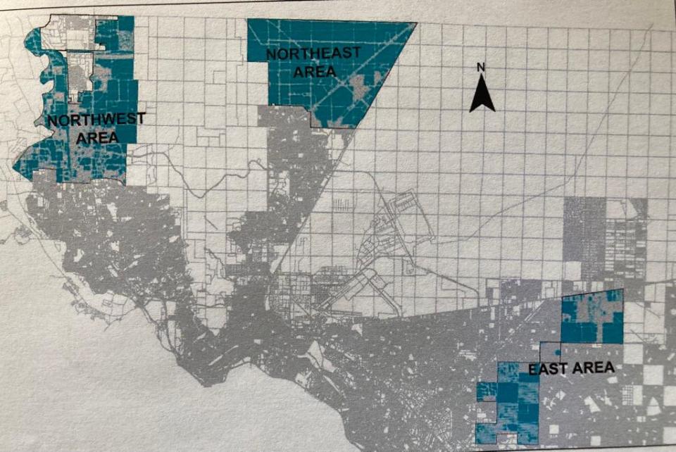 El Paso Water is proposing a new Sustainable Infrastructure Surcharge to defray the costs of expanding water infrastructure to outlying areas of El Paso. If the proposal is adopted, any new water connections in areas in blue would be subject to a surcharge. Existing customers would not be impacted.