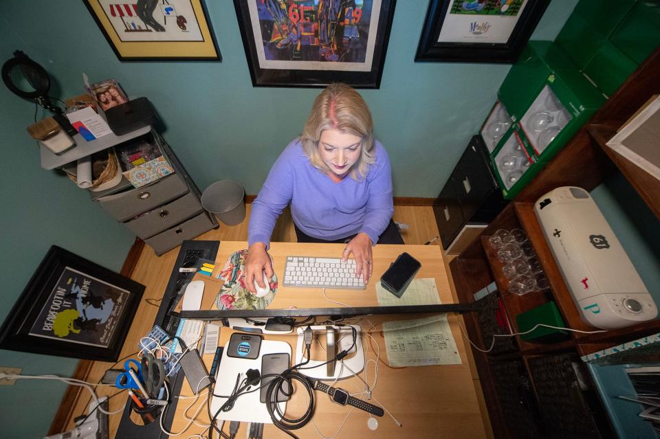 Natalie Perkins, the editor of the Deer Creek Pilot, the Rolling Fork hometown newspaper, is working from her Anguilla home to get the paper out Tuesday. The office was damaged in the Friday night tornado.