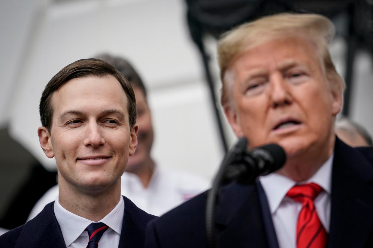 <p>Jared Kushner looks on as Donald Trump speaks before signing the United States-Mexico-Canada Trade Agreement (USMCA) during a ceremony on the South Lawn of the White House in January 2020 in Washington, DC. </p> (Photo by Drew Angerer/Getty Images)