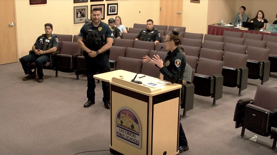 Las Cruces Police Lt. Joy Wiitala presents a school resource officer report during a Las Cruces Public Schools Board of Education meeting on Sept. 5, 2023.