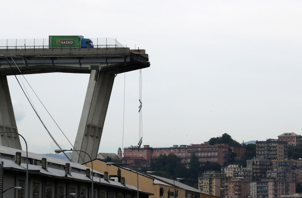 The collapsed Morandi Bridge is seen in the Italian port city of Genoa on August 14, 2018. Source: Reuters