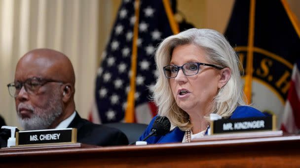 PHOTO: FILE - Vice Chair Liz Cheney, R-Wyo., speaks as the House select committee investigating the Jan. 6 attack on the U.S. Capitol, holds a hearing on Capitol Hill in Washington, Oct. 13, 2022. (J. Scott Applewhite/AP)