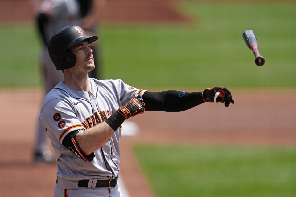 San Francisco Giants' Mike Yastrzemski tosses his bat after striking out against Pittsburgh Pirates starting pitcher Osvaldo Bido to end the first inning of a baseball game in Pittsburgh, Sunday, July 16, 2023. (AP Photo/Gene J. Puskar)