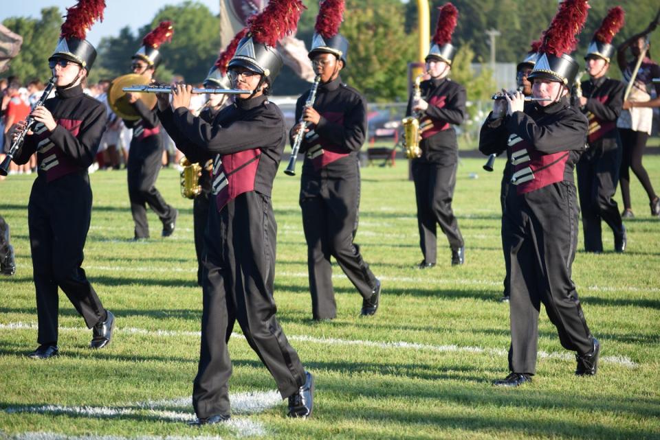 Licking Heights Marching Hornets perform during Licking Heights's football game against Bellefontaine on Friday, Sept. 1, 2023.