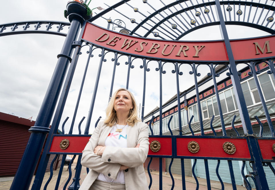 <p>Mayor of West Yorkshire Tracy Brabin outside Dewsbury market in Kirklees after talking to the media about the changing COVID-19 guidance in the Kirklees area. Picture date: Tuesday May 25, 2021.</p>
