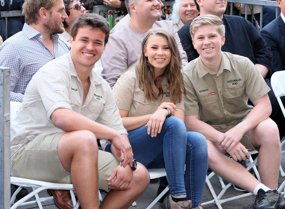 HOLLYWOOD, CA - APRIL 26:  (L-R) Wakeboarder Chandler Powell and conservationists/TV personalities Bindi Irwin and Robert Irwin attend Steve Irwin being honored posthumously with a Star on the Hollywood Walk of Fame on April 26, 2018 in Hollywood, California.  (Photo by David Livingston/Getty Images)