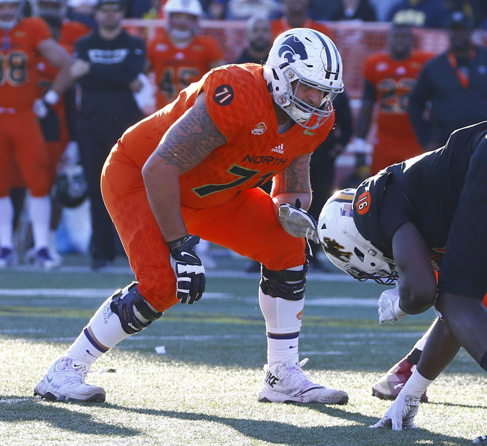 North offensive tackle Dalton Risner of Kansas State during the Senior Bowl (AP Photo)