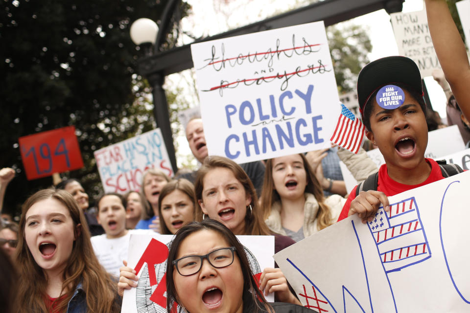 <p>Students from the University of Georgia, Clarke Central and local elementary schools gather during a “March For Our Lives” rally at the University of Georgia in Athens, Ga. (Joshua L. Jones/Athens Banner-Herald via AP) </p>