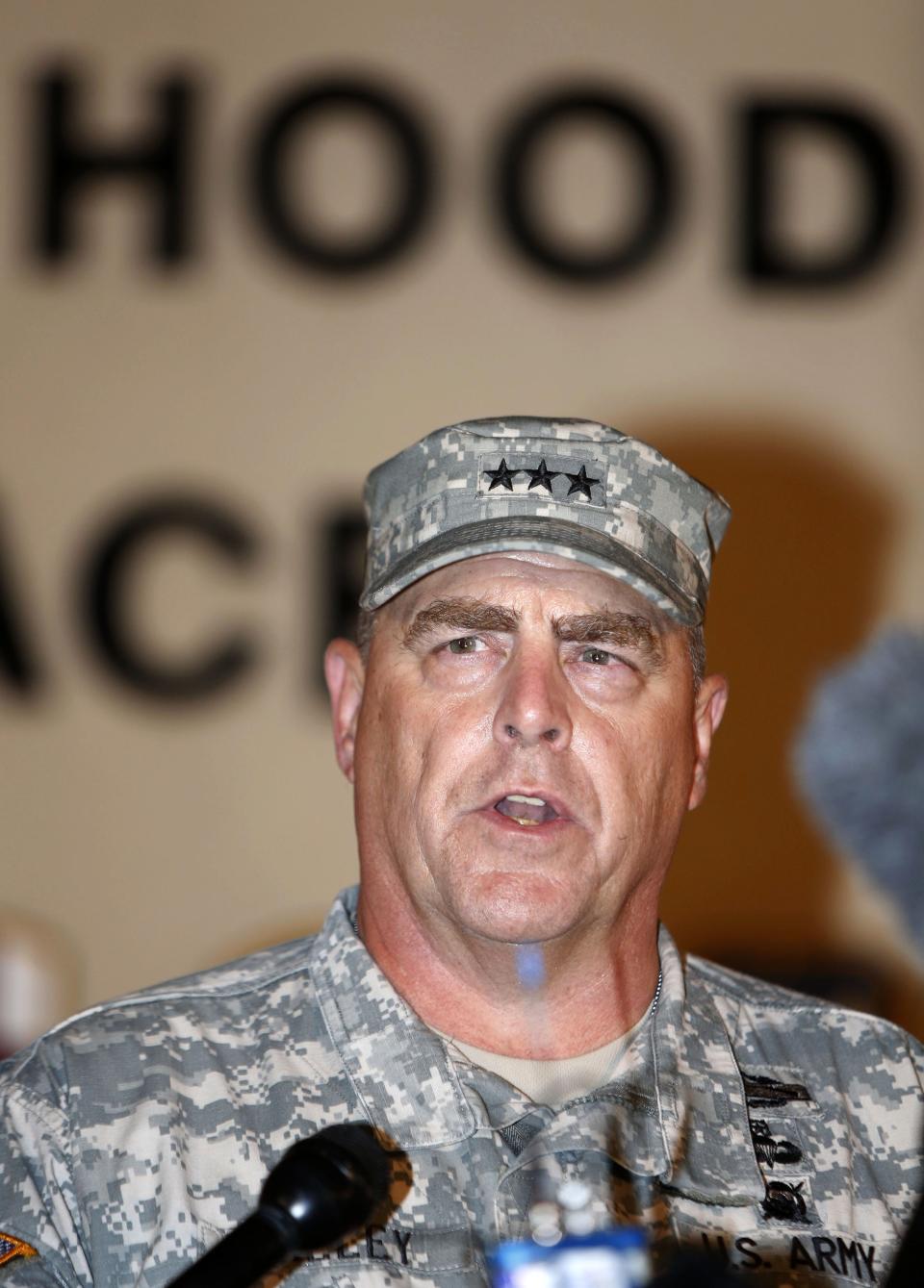 Lt. Gen. Milley addresses the media during a news conference at the entrance to Fort Hood Army Post in Texas