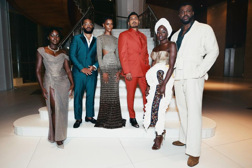 In this handout image provided by Winston Duke, (L-R) Lupita Nyong'o, Ryan Coogler, Letitia Wright, Tenoch Huerta, Danai Gurira and Winston Duke attend the Black Panther tour at Lagos Continental Hotel on November 6, in Lagos, Nigeria,