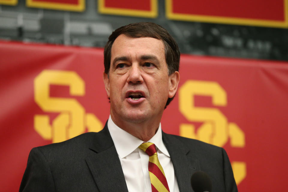 Mike Bohn speaks during a press conference announcing his selection as USC athletic director on Nov. 7. (Jevone Moore/Getty Images)