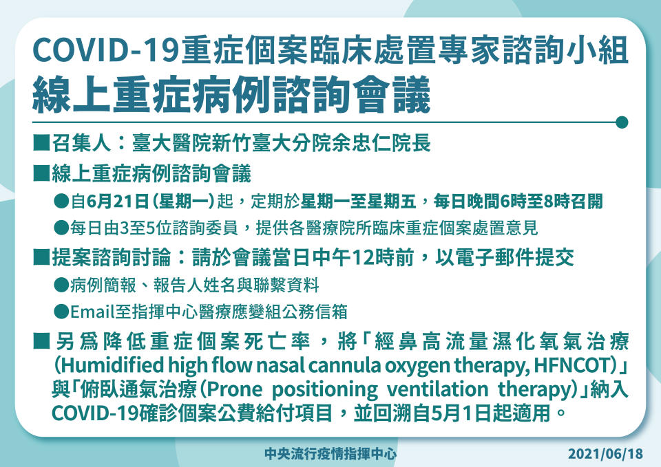 新冠肺炎重症個案臨床處置專家諮詢小組線上重症病例諮詢會議。（圖／中央流行疫情指揮中心