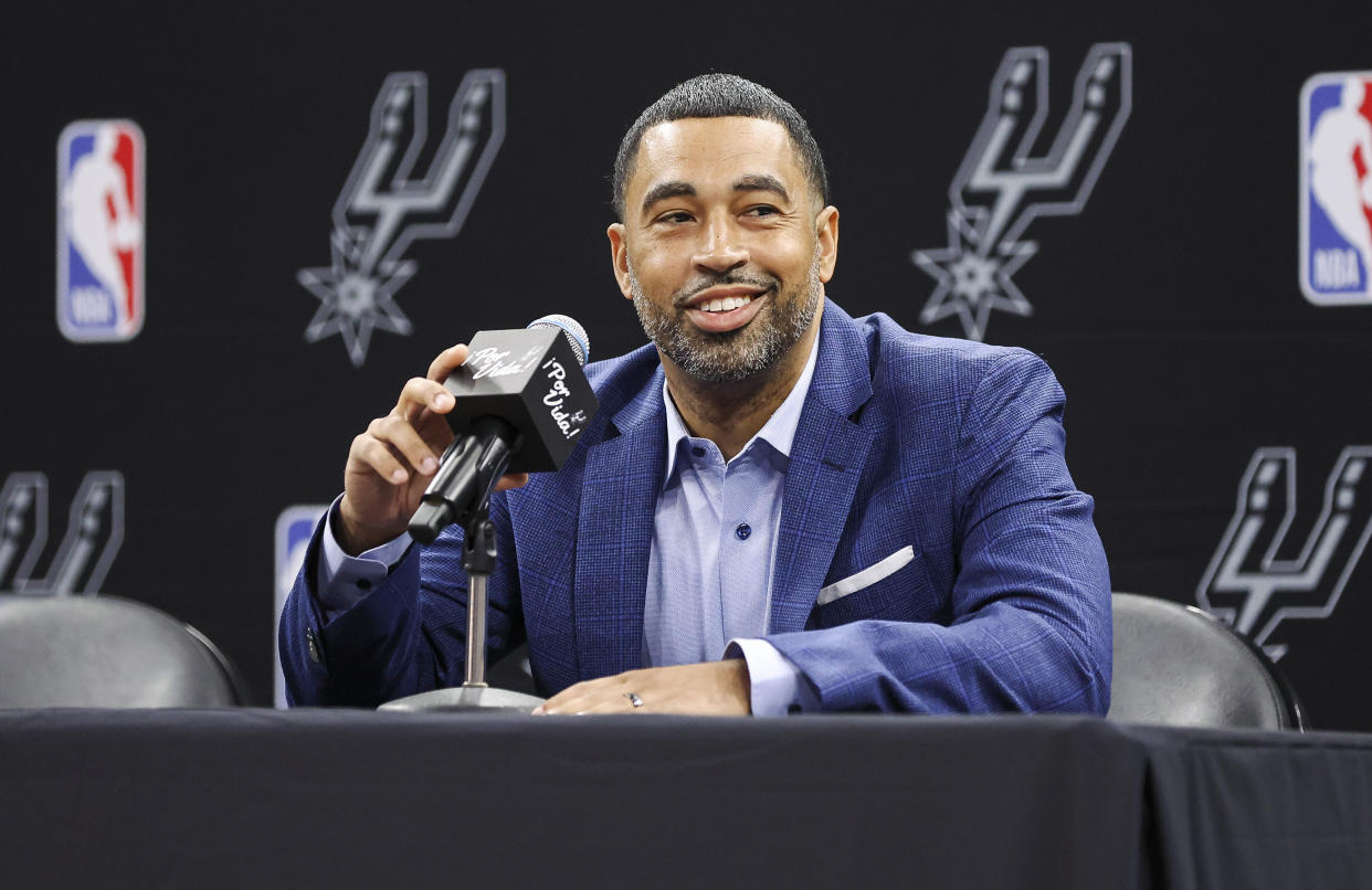 Jun 24, 2023; San Antonio, TX, USA; San Antonio Spurs general manager Brian Wright speaks at a press conference at AT&T Center. Mandatory Credit: Troy Taormina-USA TODAY Sports