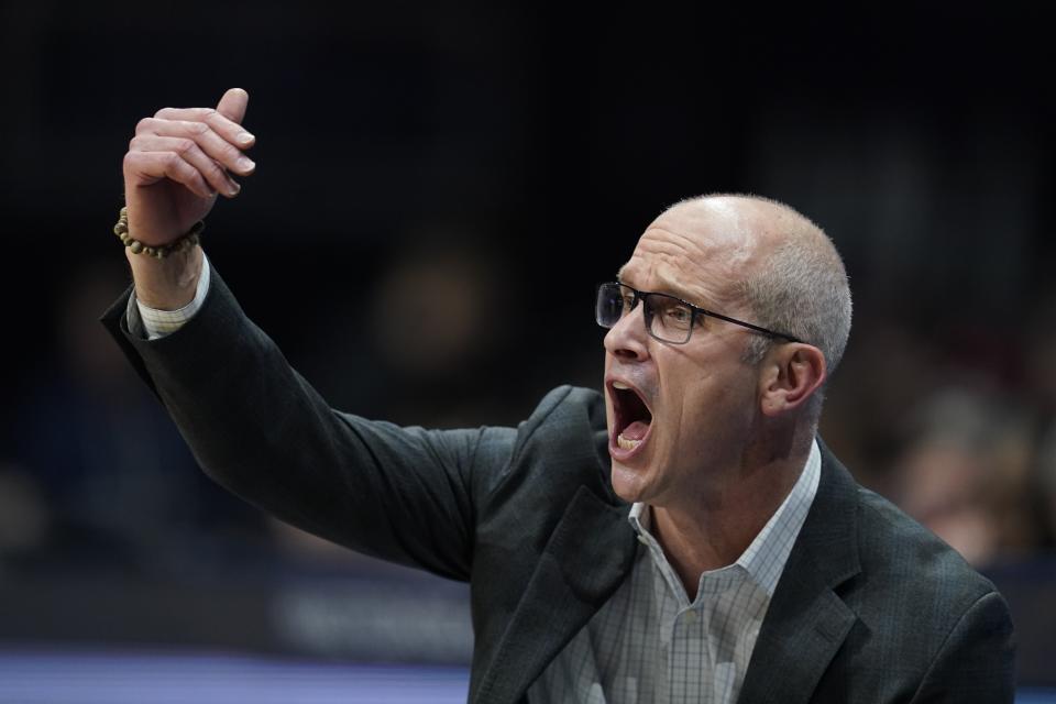 UConn head coach Dan Hurley shouts during the first half of an NCAA college basketball game against Butler, Friday, Jan. 5, 2024, in Indianapolis. (AP Photo/Darron Cummings)