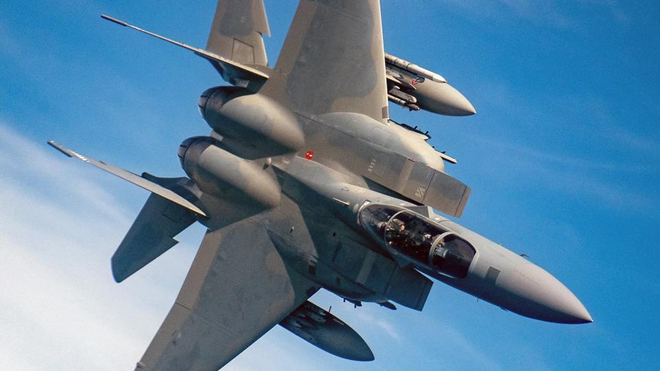 F-15EX maneuvers at altitude during testing. (USAF)