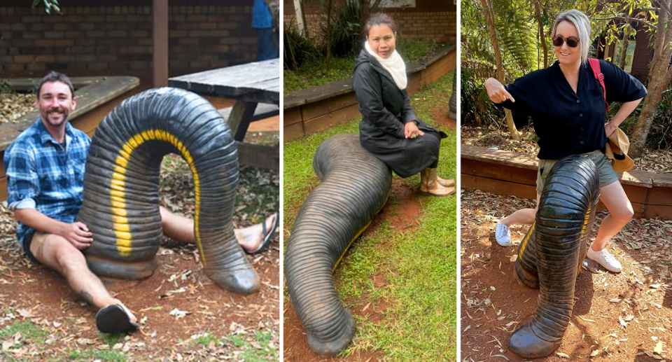 Left, a man sits with the leech in between his legs. Middle, a woman is perched on one of the sculptures. Right, a woman points at one while wearing sunglasses. 