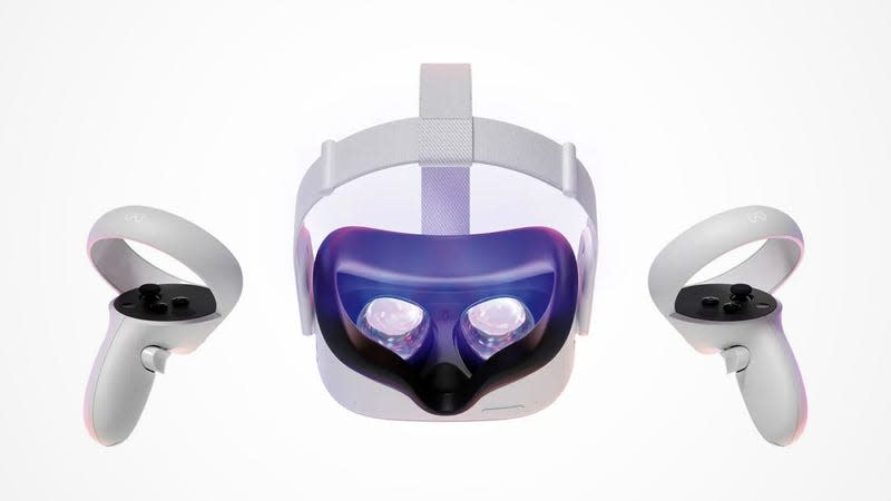 The Meta Quest 2 VR headset and controllers float against a white background.