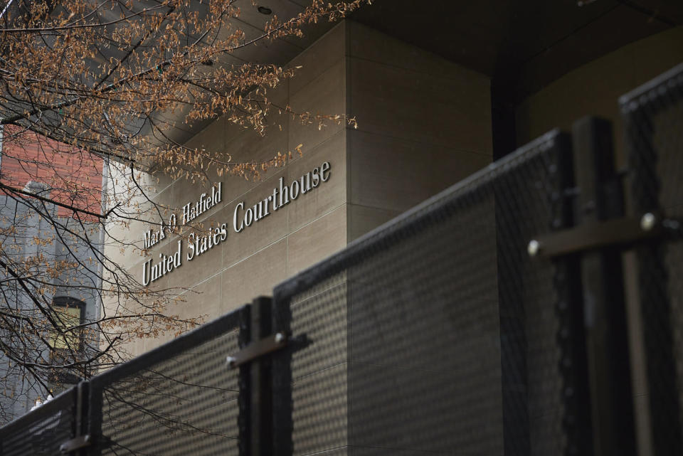 Construction in underway at the Mark O. Hatfield U.S. Courthouse in downtown Portland, Ore., (Leah Nash for NBC News)