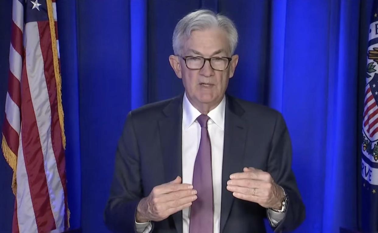 Federal Reserve Chairman Jerome Powell discussing the Fed's rate increase on March 16, 2022