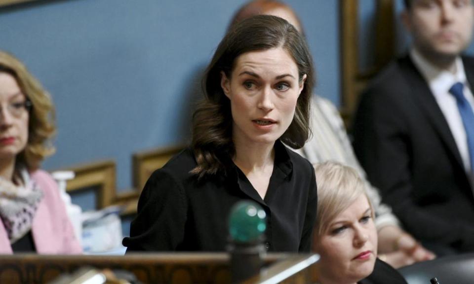 Sanna Marin speaks during the debate in the Finnish parliament in Helsinki