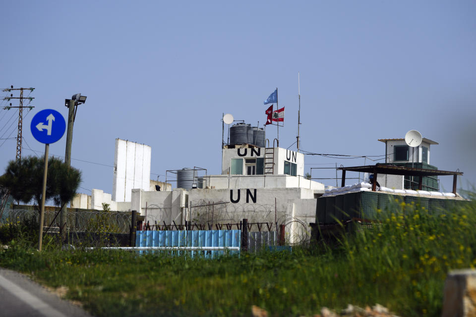 FILE - A general view of a base of the United Nations peacekeeping forces in Lebanon (UNIFIL) at the Lebanese-Israeli border, in the southern village of Markaba, on April 7, 2023. Four United Nations military observers were wounded Saturday while patrolling along the southern Lebanese border after a shell exploded near them, the U.N. peacekeeping mission in southern Lebanon said. The military observers of the United Nations Truce Supervision Organization support the U.N. peacekeeping mission in southern Lebanon, UNIFIL. (AP Photo/Hassan Ammar, File)