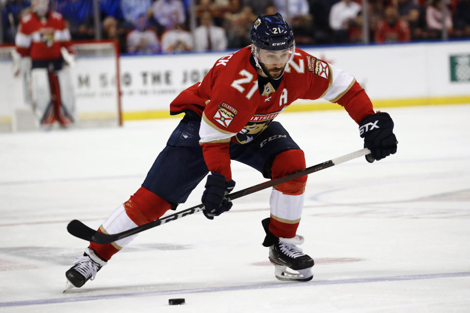 Florida Panthers center Vincent Trocheck (21) skates with the puck during the second period of the team's NHL hockey game against the Los Angeles Kings, Thursday, Jan. 16, 2020, in Sunrise, Fla. (AP Photo/Brynn Anderson)