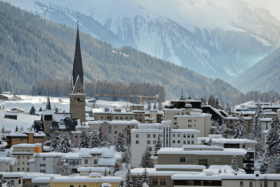 A general view of Davos and its St. John's Church in Switzerland.