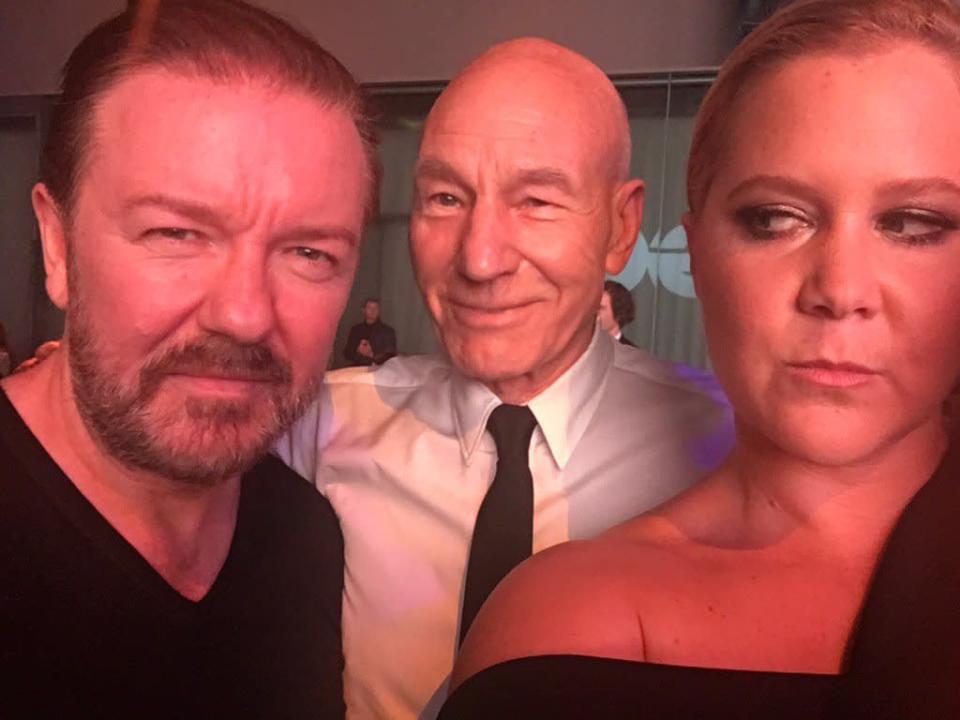 Ricky Gervais, Sir Patrick Stewart, and Amy Schumer