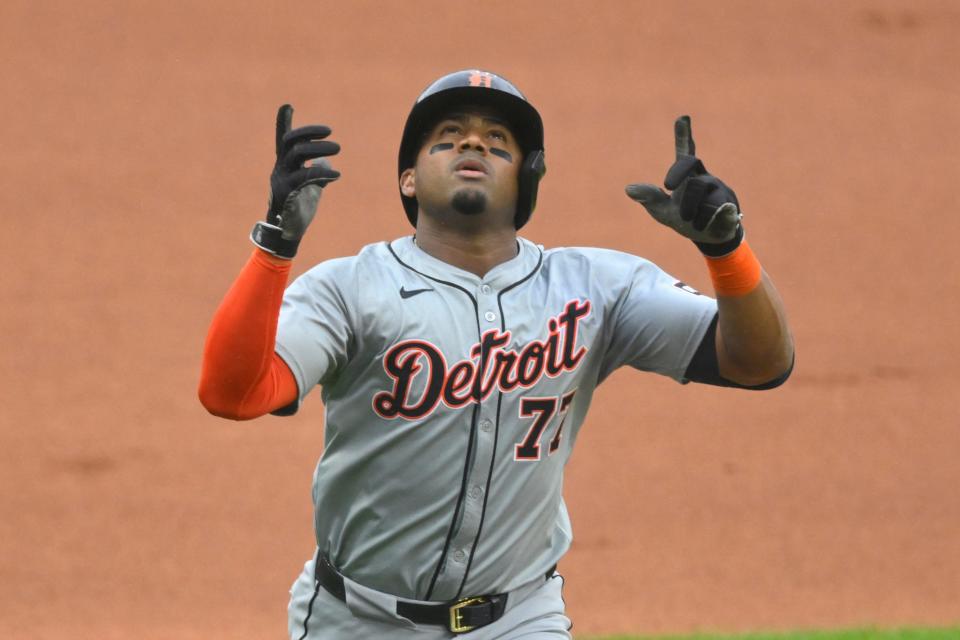Detroit Tigers second baseman Andy Ibanez (77) celebrates his solo home run in the first inning against the Cleveland Guardians at Progressive Field in Cleveland on Tuesday, May 7, 2024.