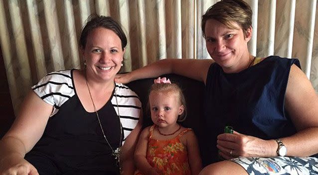 Family Kristina Antoniades (left), Merrin Hicks (right) and their daughter Lily. Source: Supplied